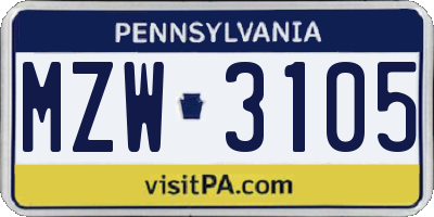 PA license plate MZW3105