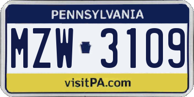 PA license plate MZW3109