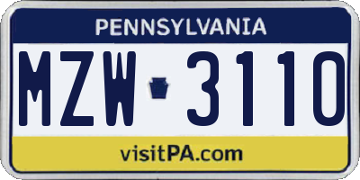PA license plate MZW3110