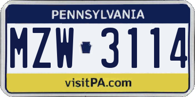 PA license plate MZW3114