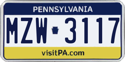 PA license plate MZW3117