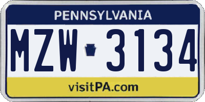 PA license plate MZW3134