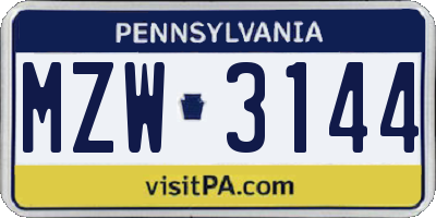 PA license plate MZW3144