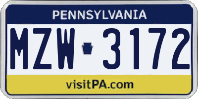 PA license plate MZW3172