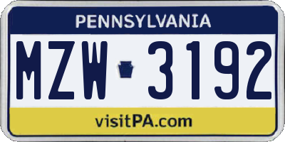 PA license plate MZW3192