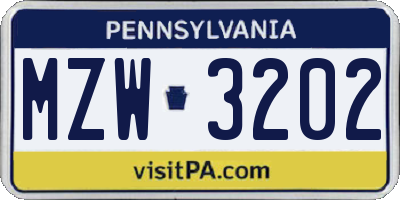 PA license plate MZW3202