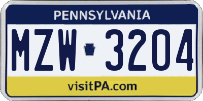 PA license plate MZW3204