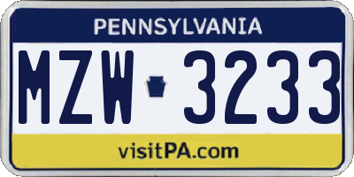 PA license plate MZW3233