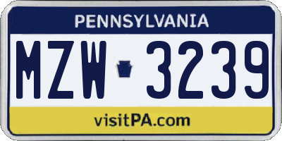 PA license plate MZW3239