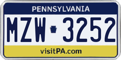 PA license plate MZW3252
