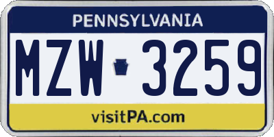 PA license plate MZW3259