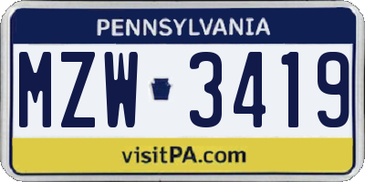 PA license plate MZW3419