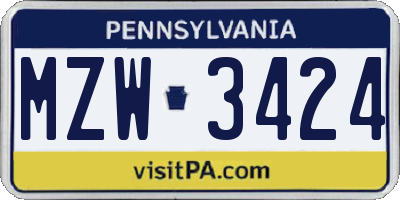 PA license plate MZW3424