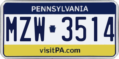 PA license plate MZW3514