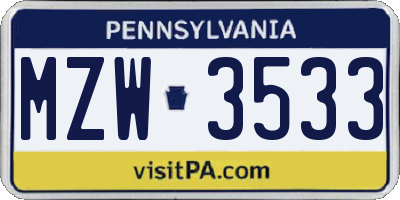 PA license plate MZW3533
