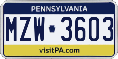 PA license plate MZW3603
