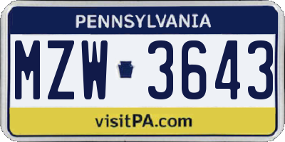 PA license plate MZW3643