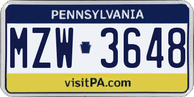 PA license plate MZW3648