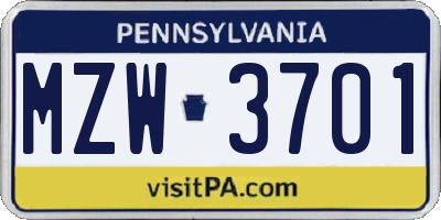 PA license plate MZW3701
