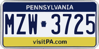 PA license plate MZW3725