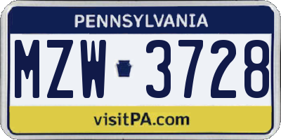 PA license plate MZW3728