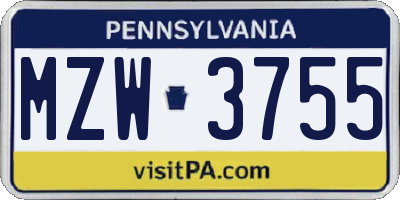 PA license plate MZW3755