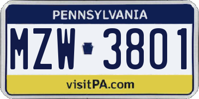 PA license plate MZW3801