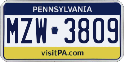 PA license plate MZW3809