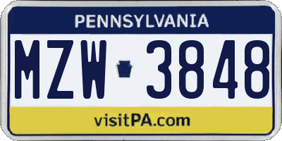 PA license plate MZW3848