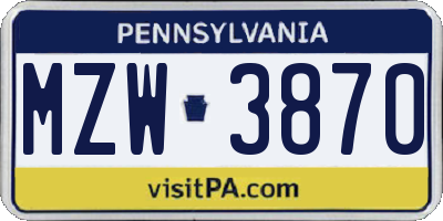 PA license plate MZW3870
