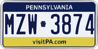 PA license plate MZW3874