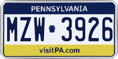 PA license plate MZW3926