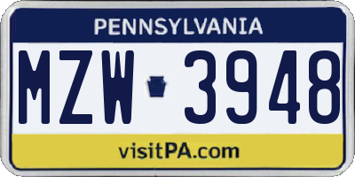 PA license plate MZW3948
