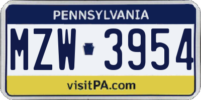 PA license plate MZW3954