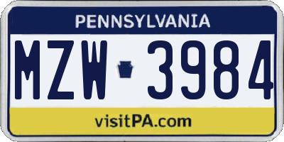 PA license plate MZW3984
