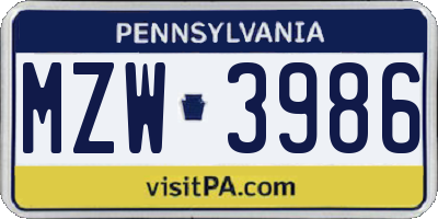 PA license plate MZW3986