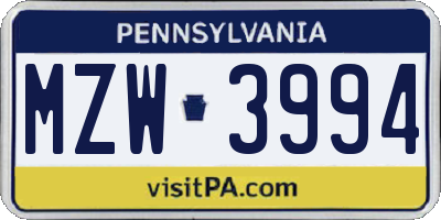 PA license plate MZW3994