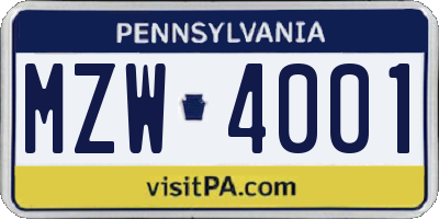 PA license plate MZW4001