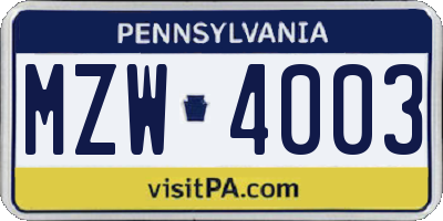 PA license plate MZW4003