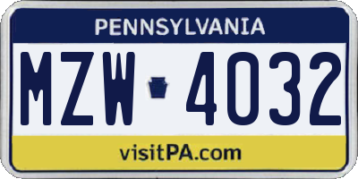 PA license plate MZW4032