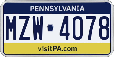 PA license plate MZW4078