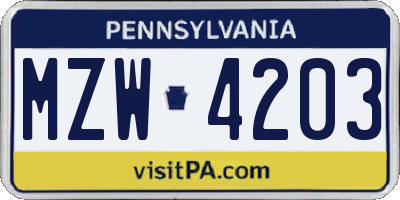 PA license plate MZW4203