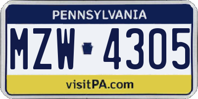 PA license plate MZW4305