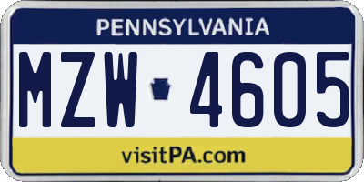 PA license plate MZW4605