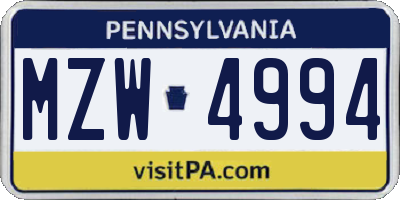 PA license plate MZW4994