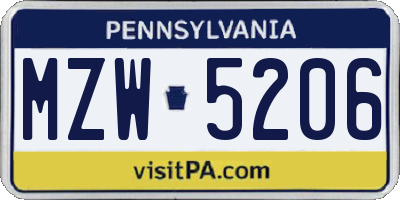 PA license plate MZW5206