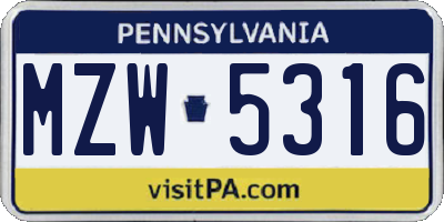 PA license plate MZW5316