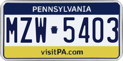 PA license plate MZW5403