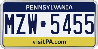 PA license plate MZW5455