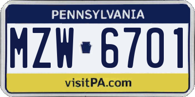 PA license plate MZW6701